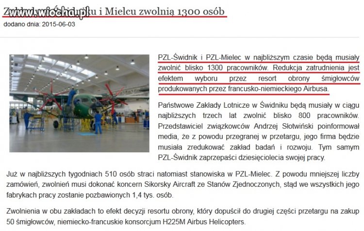 1300 osób z PZL Świdnik i Mielec pójdzie na bruk