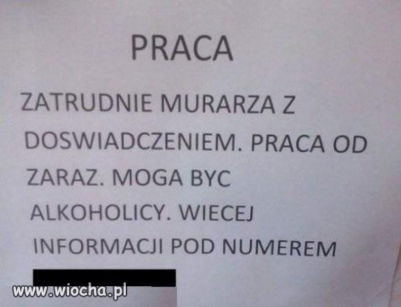 Murarz potrzebny od zaraz.