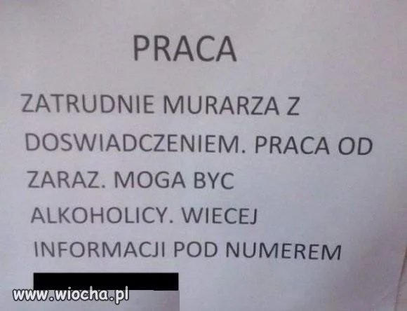 Murarz potrzebny od zaraz.