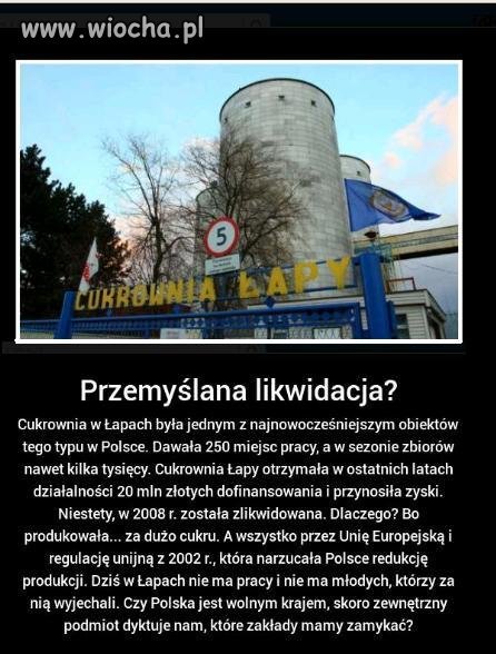 Cukrownia produkowała za dużo cukru ZAMKNIĘTA