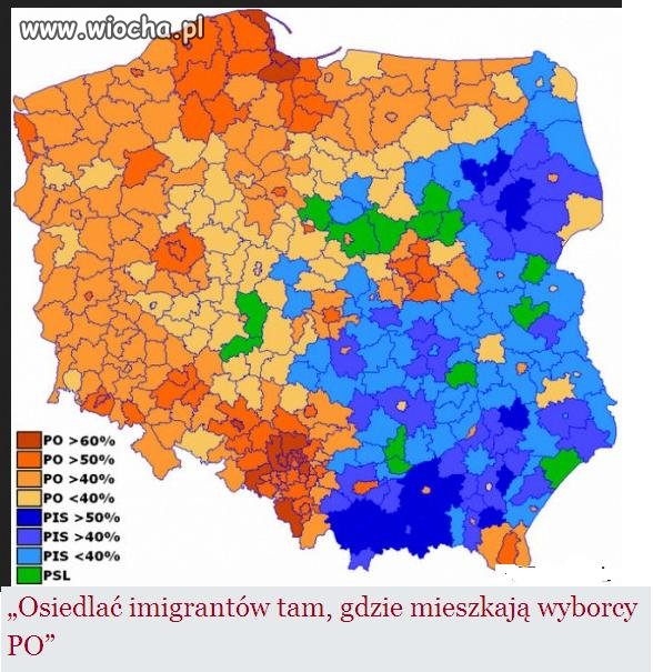 Osiedlać imigrantów tam gdzie poparcie dla PO
