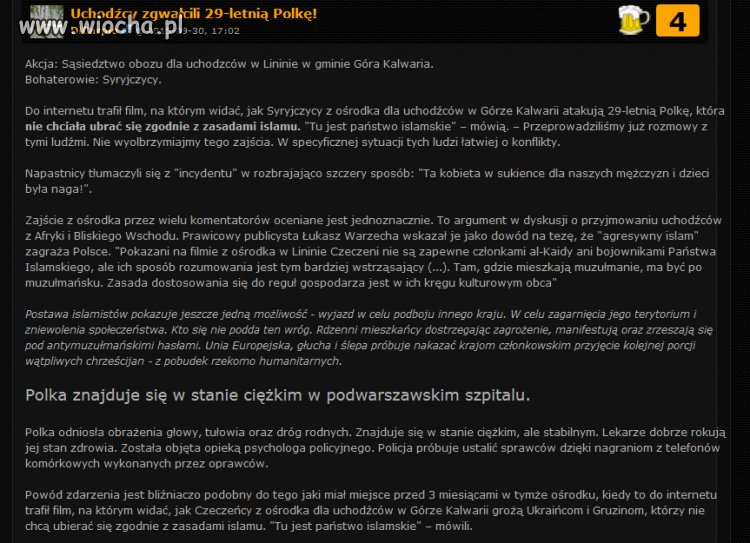 Góra Kalwaria uchodzcy zgwałcili Polkę ,bo .. 
