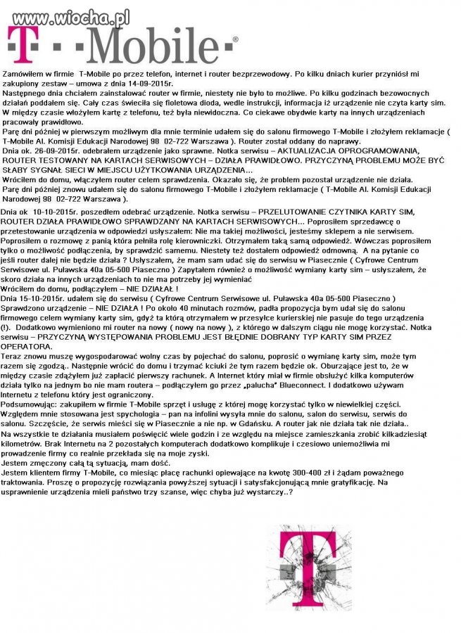 Skrót mojej reklamacji do T-mobile