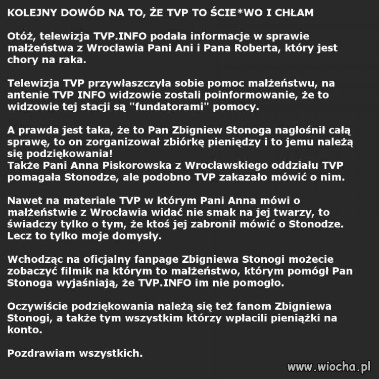 TVP przypisuje sobie pomoc Zbigniewa Stonogi dla