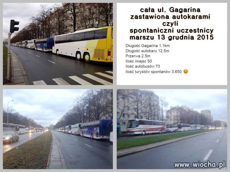 Cała ul. Gagarina zastawiona autokarami