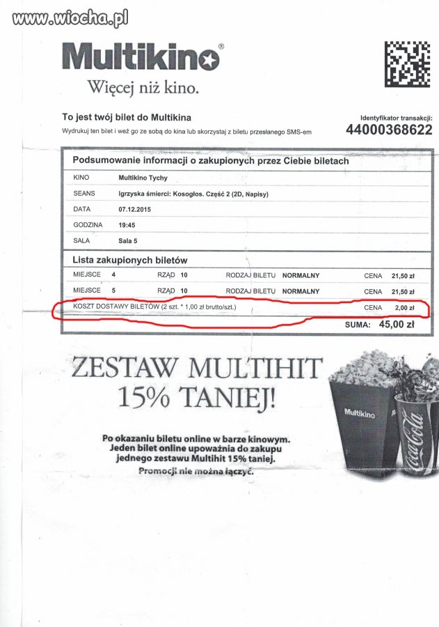 2 zł za dostarczenie biletów przez Multikino...