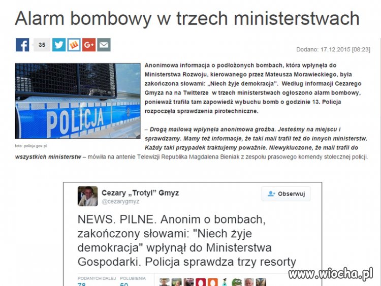 Alarm bombowy w trzech ministerstwach