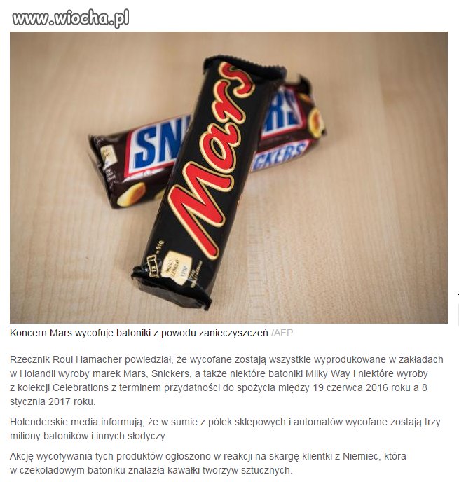 Koncern Mars wycofuje batoniki z Holandii.