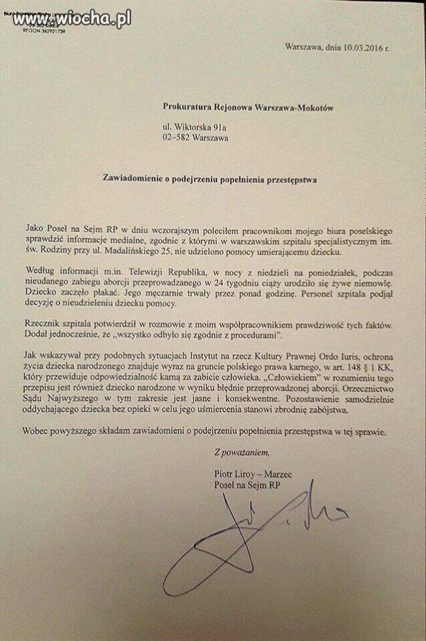 P. Liroy Marzec składa zawiadomienie o 