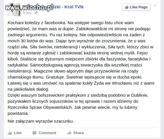 Wojewódzki oskarża firmę facebook