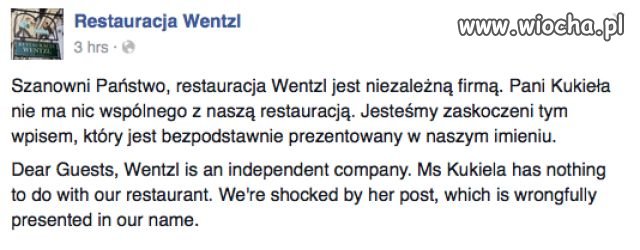 Oświadczenie Restauracji Wentzl na Facebooku 
