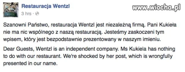 Oświadczenie Restauracji Wentzl na Facebooku 