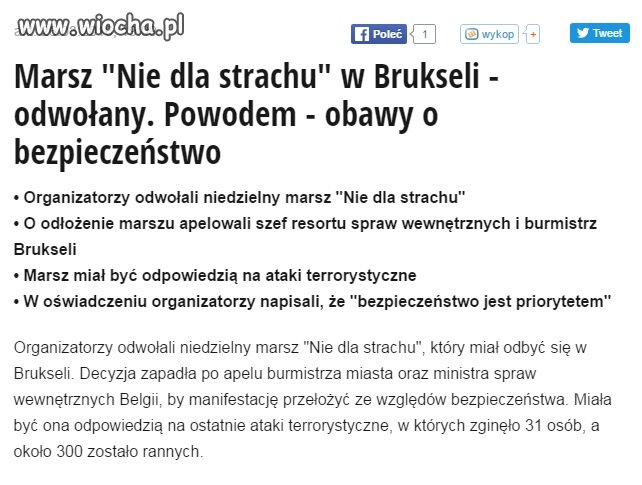 Marsz "Nie Dla Strachu"  w Brukseli odwołany