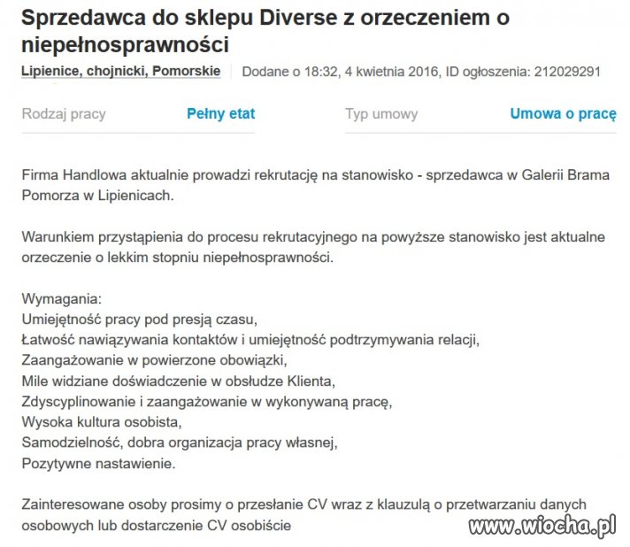 W Diverse orzeczenie o niepełnosprawności wymagane