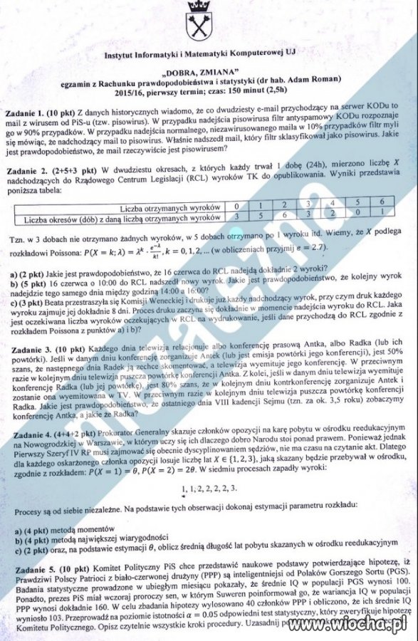 Egzamin z rachunku prawdopodobieństwa na UJ