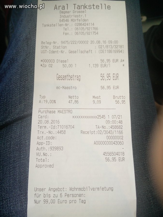 Rachunek ze stacji benzynowej przy autostradzie