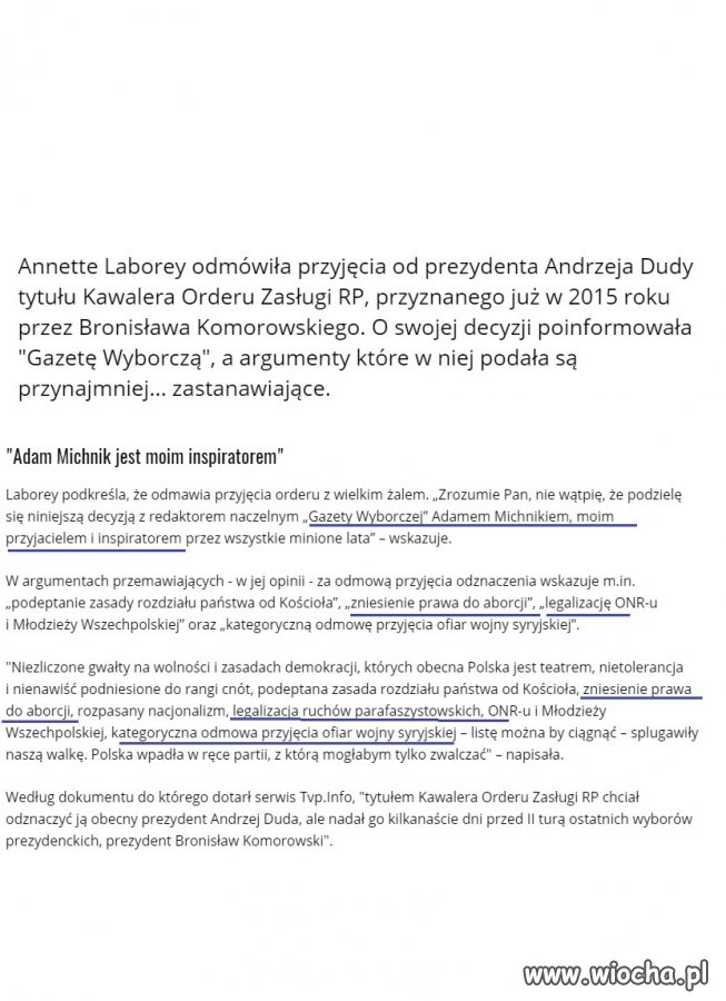Laborey nie przyjęła odznaczenia od PAD o czym