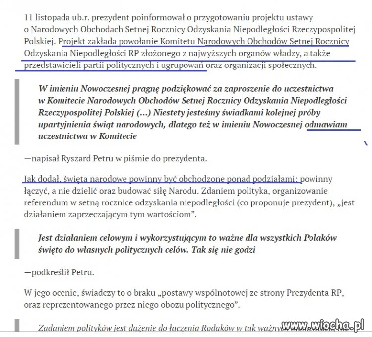 Wg Petru obchody odzyskania niepodległości powinny