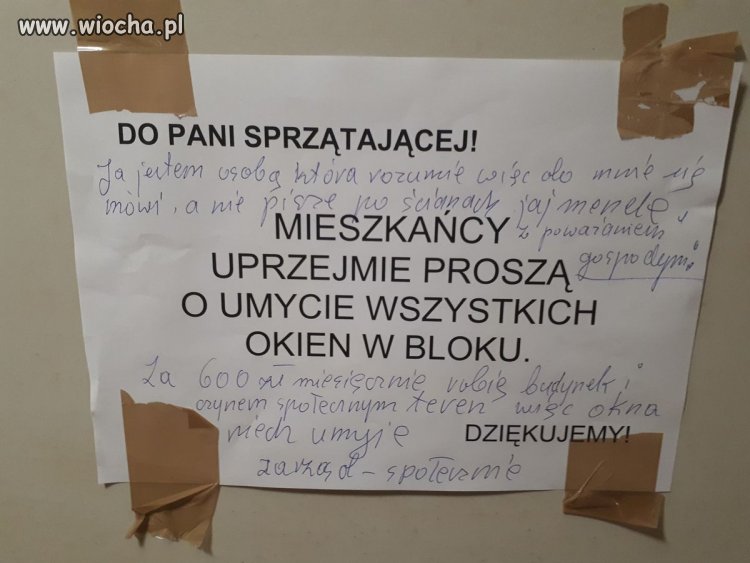 Zwrócili uwagę sprzątaczce, żeby umyła okna