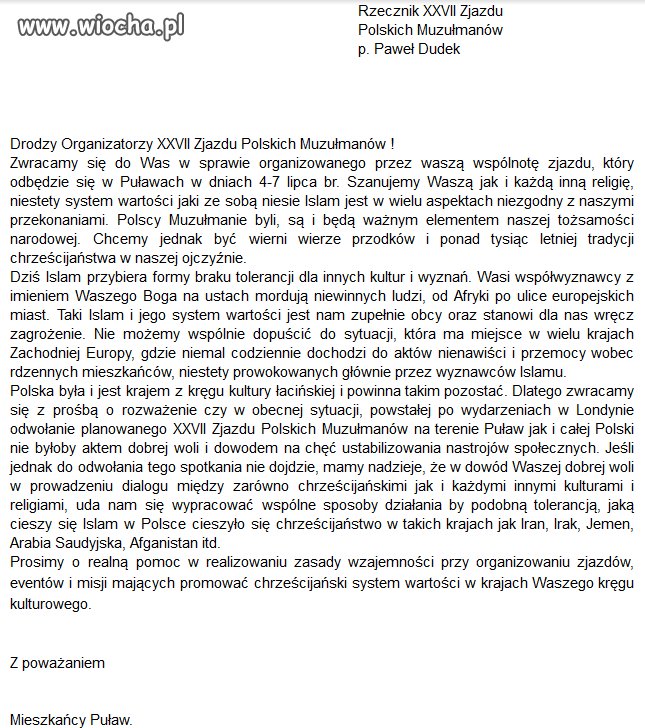 Mieszkańcy Puław wysłali list 