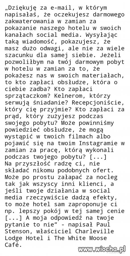 Blogerka zaproponowała właścicielowi hotelu