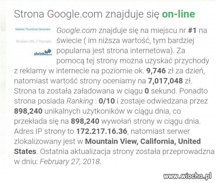Google.com - wartość strony 7 mln zł