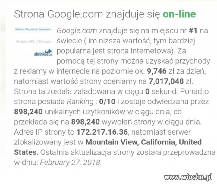 Google.com - wartość strony 7 mln zł