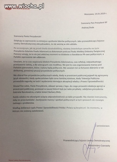 List Andrzeja Czarzastego