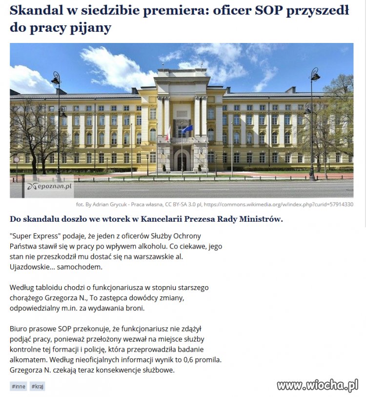 Oficer SOP przyszedł podpity do pracy