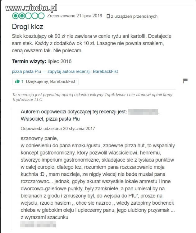 Krytykę wlaściciel knajpy we Wrocku dość źle ..