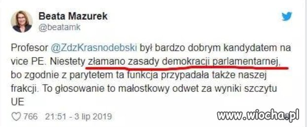 Pisze coś o złamaniu zasad demokracji parlamentarnej?