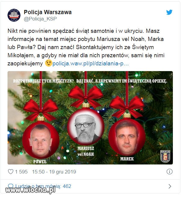 Policja zamieściła wizerunki poszukiwanych na bombkach.