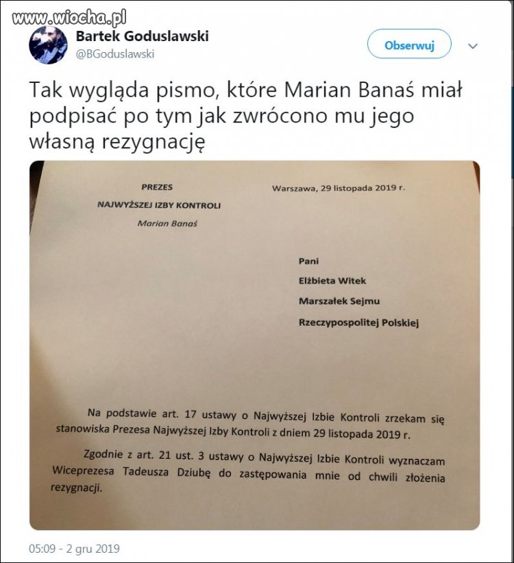 Dymisja Banasia nie przyjęta i odesłana