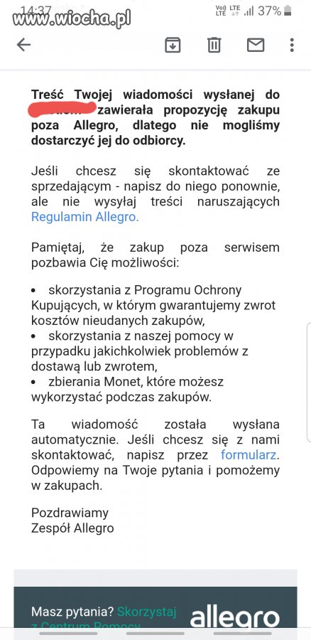 Alledrogo, wiadomość prywatna