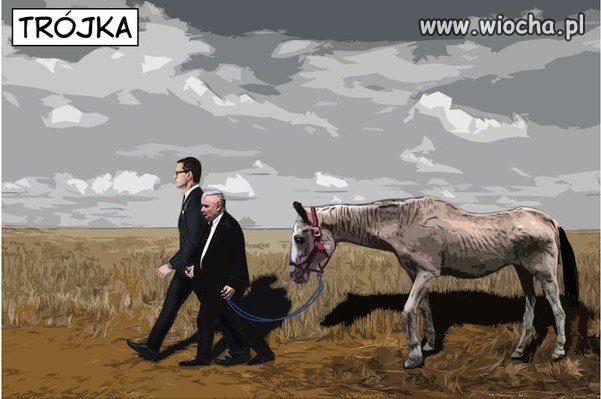 Dwóch ludzi z zagłodzonym koniem.