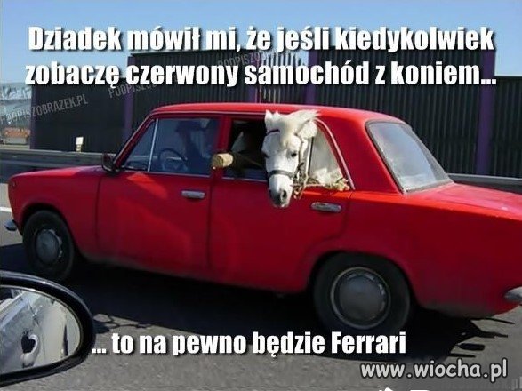 Czerwony samochód z koniem 