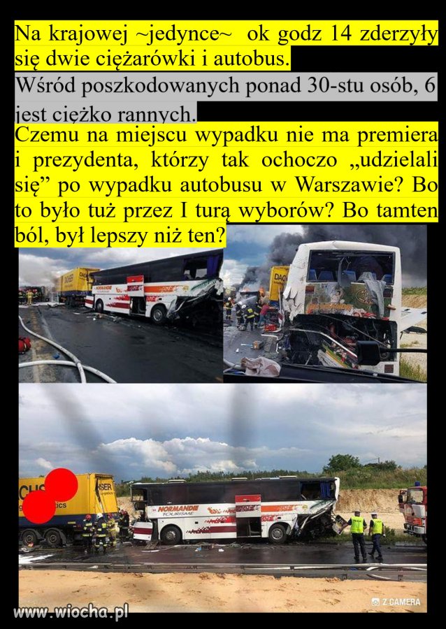 Zderzenie autobusu i ciężarówek. Są ranni.