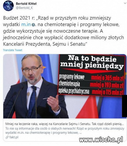 Mniej pieniędzy na opiekę medyczną, więcej na Kancelarie.