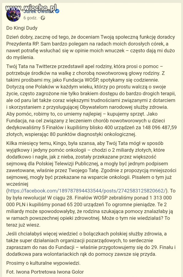 Owsiak pisze do Kini o tym jak może się wykazać 