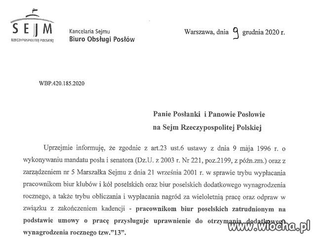 Trzynastka dla pracowników biura poselskiego