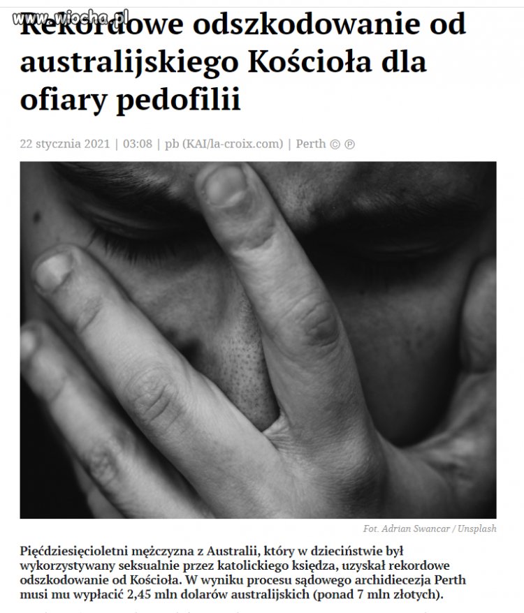 Rekordowe odszkodowanie od australijskiego kościoła dla ofiary pedofilii
