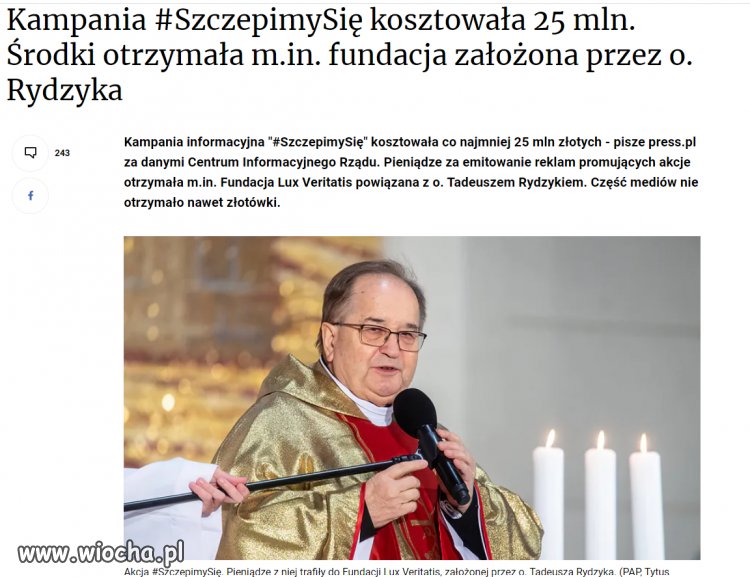 Kampania SzczepimySię kosztowała 25 mln. Środki otrzymała m.in. fundacja założona przez Rydzyka