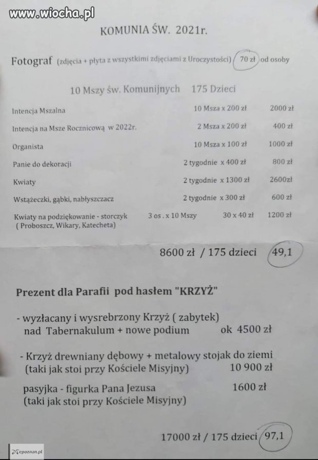 Proboszcz w Skórzewie wystawił cennik za I komunię