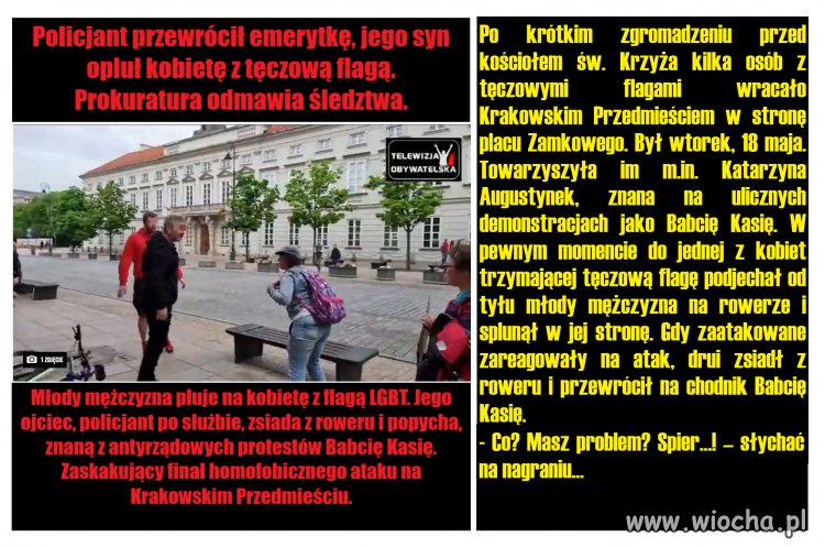 Policjant przewrócił emerytkę, jego syn opluł kobietę z tęczową flagą. Prokuratura odmawia śledztwa