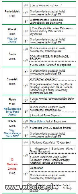 Tygodniowy spis intencji mszy 