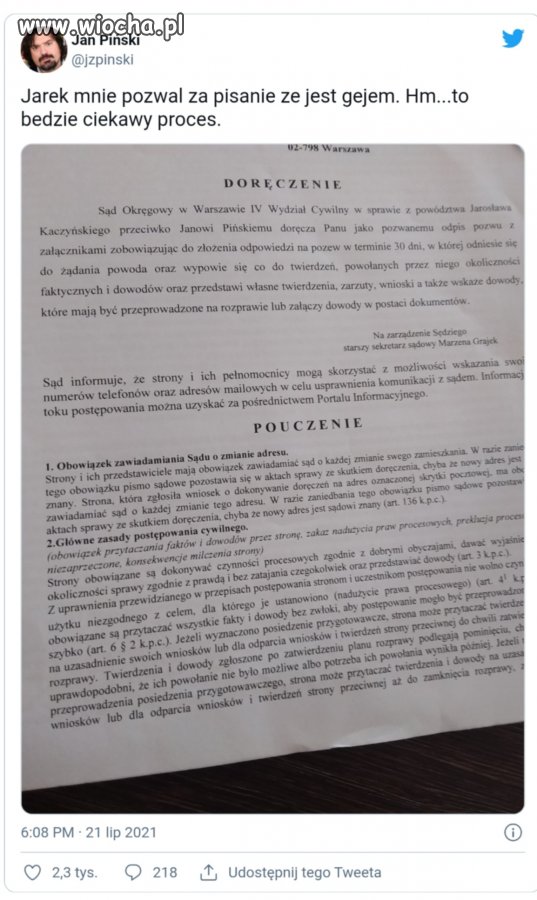 Czy Jarek udowodni niegejostwo przed sądem?