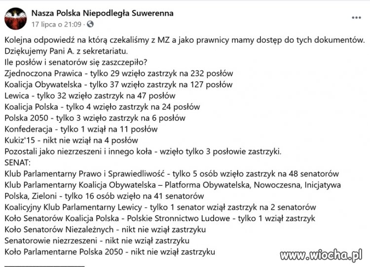 Ilu posłów i senatorów się zaszczepiło?