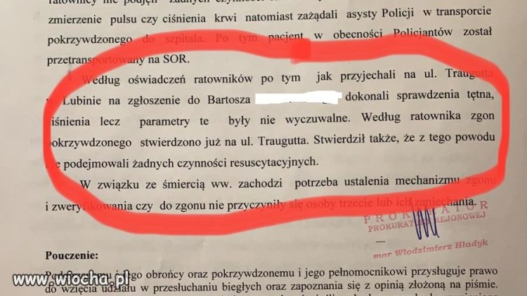Pismo z prokuratury z którego wynika, że  według ratownika zgon 34letniego Bartosza stwierdzono już na ul. Traugutta.