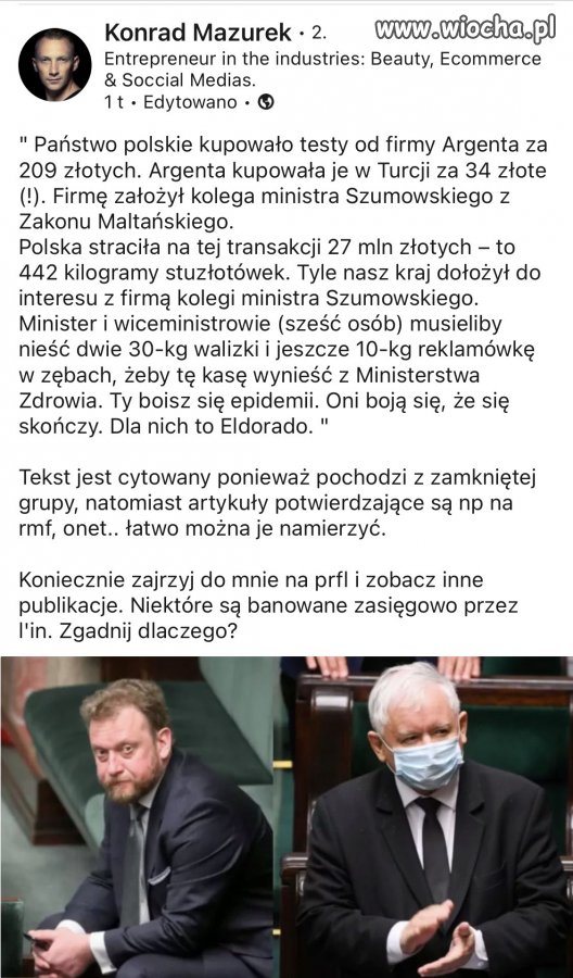 Państwo polskie kupowało testy od firmy Argenta za 209 złotych. Argenta kupowała je w Turcji za 34 złote (!). Firmę założył kolega ministra Szumowskiego z Zakonu Maltańskiego