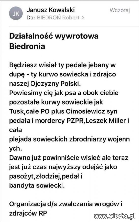 Hejt Kaczyńskiego i groźby karalne tym razem poprzez Janusza Kowalskiego do Roberta Biedronia.